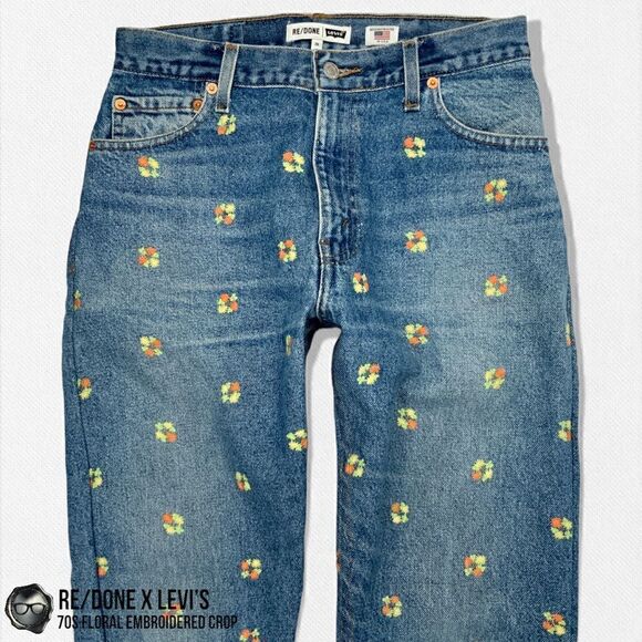 RE/DONE X LEVI’S 70s FLORAL EMBROIDERED RECONSTRUCTED VINTAGE JEANS CROPPED 26 - Picture 5 of 15